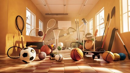 A room with beige walls and a variety of sports equipment.