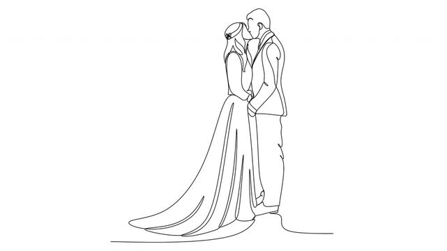 Linear drawing of bride and groom wedding. Vector illustration