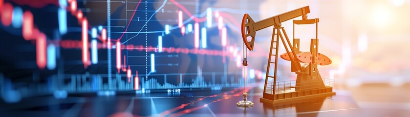 Oil pumpjack against a financial stock chart background, symbolizing the correlation between oil industry and stock market performance.