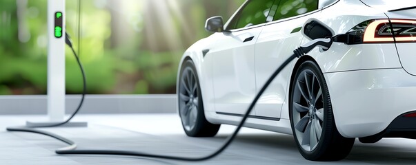 Modern electric car charging at a charging station in a lush green environment, promoting sustainable and eco-friendly transportation solutions.