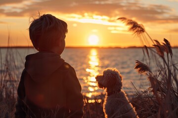 Fototapeta premium Silhouette of boy and dog sitting by water at sunset, enjoying peaceful moment together