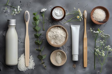 Natural and eco-friendly personal care products arranged aesthetically on a textured surface with green leaves and flowers.