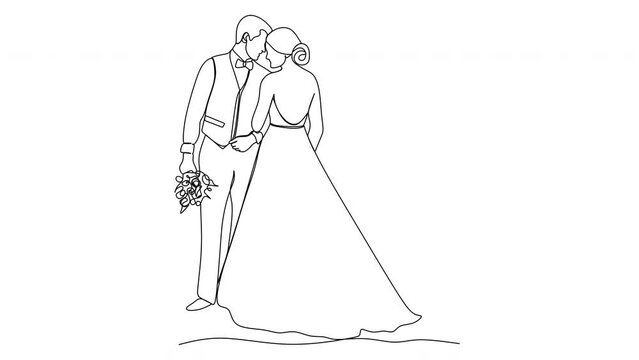 Linear drawing of bride and groom wedding. Vector illustration