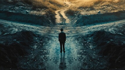 A businessman standing at a crossroads, representing decision-making