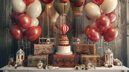 a vintage travel-themed birthday celebration with balloons resembling hot air balloons,
