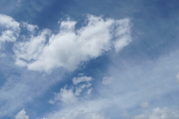 White fluffy clouds in the sky. Blue sky and cloud cover on a sunny summer day. Empty background, copy space