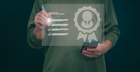 Male hand pointing at symbol of guarantee of quality of service Certification concept and standard quality control Standard warranty Documents certified on virtual screen