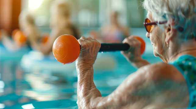 Elderly woman participating in a senior water aerobics class, lifting dumbbells in a swimming pool, promoting active aging and fitness.