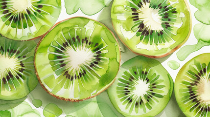 Fototapeta premium Fresh kiwi fruit slices with vibrant green color arranged in a visually appealing pattern, showcasing the natural texture and details of the fruit.