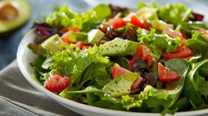 A colorful salad of mixed greens avocado chunks and a zesty vinaigrette made with avocado oil.