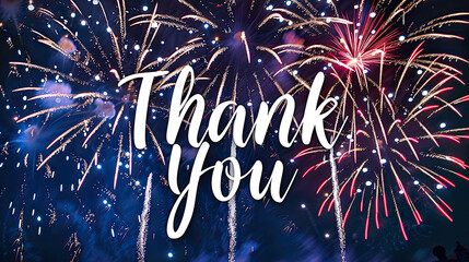 "Thank You" in sleek white font on a navy blue sky, illuminated by a cascade of fireworks in classic celebration. Conveying gratitude with timeless simplicity.