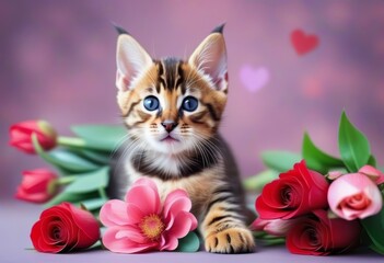 A Bengal cat holding a rose in its mouth with a colorful background