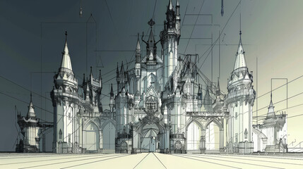 Fototapeta premium A childs simple line drawing of a fantastical castle emphasizing symmetry and balance morphs into a hyperrealistic detailed D render with dramatic lighting and imposing archit
