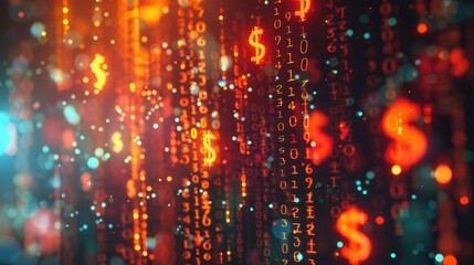 Abstract background featuring digital currency symbols and glowing effects.