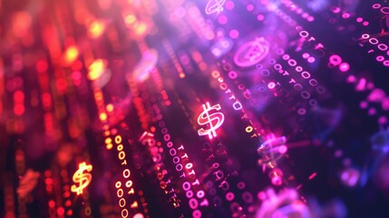 Abstract background featuring digital currency symbols and glowing effects.