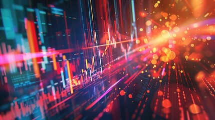 Obraz premium Abstract background featuring financial symbols and dynamic light streaks.