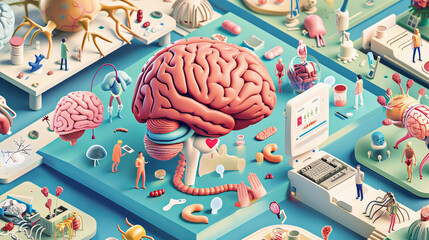 A detailed anatomical illustration transforms into a whimsical isometric diorama of the human body showcasing playful interactions between organs and systems High Quality High