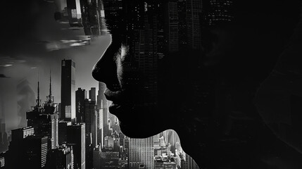 A hyperrealistic chiaroscurostyle portrait with a mysterious figures silhouette morphs into a stylized film noirinspired cityscape with sharp angles and a dramatic use of nega