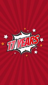Celebratory animation for 17th seventeenth anniversary - 17 seventeen years birthday. Animated text on pop colorful background with rotating rays.