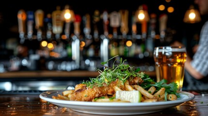Fototapeta premium Wiener Schnitzel : Bar Setting: A Wiener Schnitzel served at a bar counter with various beer taps in the background.