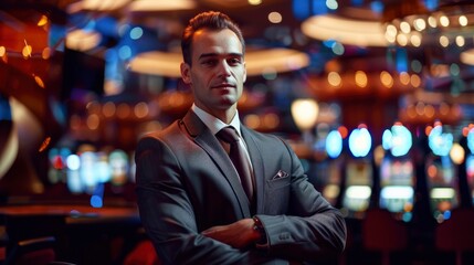 Fototapeta premium 35 year old man model wearing classic suit with strict look in casino interior, bright image, blurred background