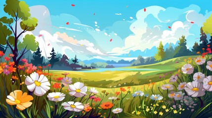 Fototapeta premium Scenic Landscape of Lush Meadow with Blooming Wildflowers, Trees, and Serene Lake. Vibrant Nature Background, Illustration