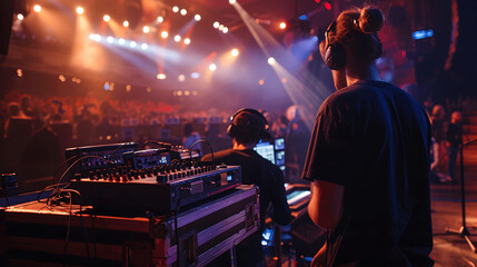 Concert crew preparing stage with microphones and lights