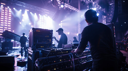 Concert crew setting up stage elements and adjusting equipment