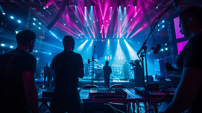 Concert crew preparing stage with microphones and lights
