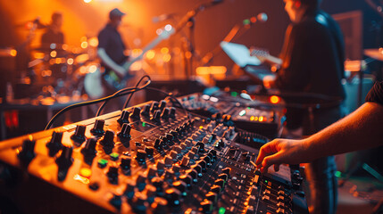 Close-up of concert crew setting up instruments and sound equipment