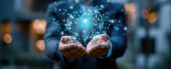 Man Holding Digital Home Icon in his Hands