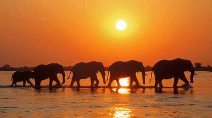 Fototapeta premium Elephants are spotted crossing the Chobe River at sunset, witnessed from a boat.