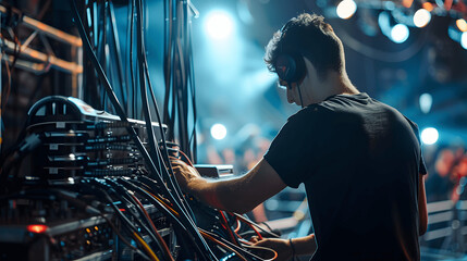 Concert crew organizing cables and testing sound systems on stage