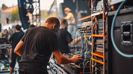 Concert crew organizing cables and testing sound systems on stage