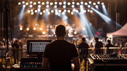 Concert crew preparing stage with equipment and lights