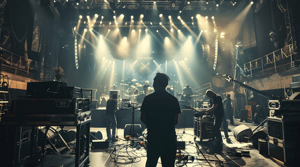 Concert crew preparing stage with equipment and lights