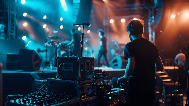 Concert crew preparing stage with audio and visual equipment