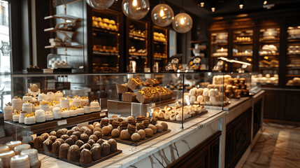 Gourmet chocolate shop with glass cases of truffles and pralines
