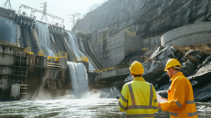 Engineers examining equipment at hydroelectric power station