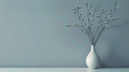 Simple forms and lines create an elegant, modern composition. Delicate flowers, stems in a white vase standing on a gray background