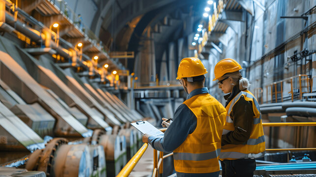 Engineers examining equipment at hydroelectric power station