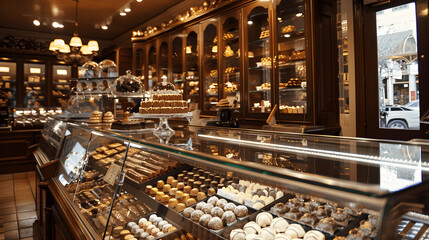 Gourmet chocolate shop interior with truffles and pralines