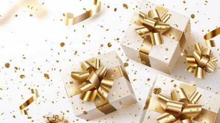 Gift boxes with golden bows and gold sequins confetti on a white background, flying and falling. Vector illustration.