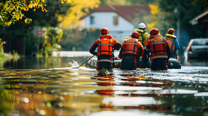 Rescue team aiding flood victims with rescue boats