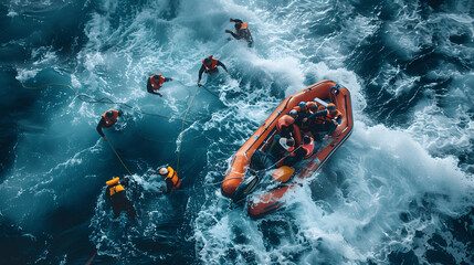 Rescue team pulling people from capsized boat