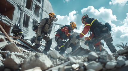 Rescue team responding to earthquake with protective gear
