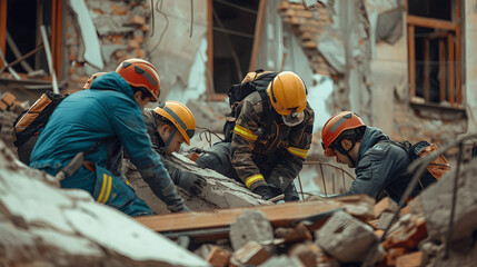 Rescue team responding to earthquake with protective gear