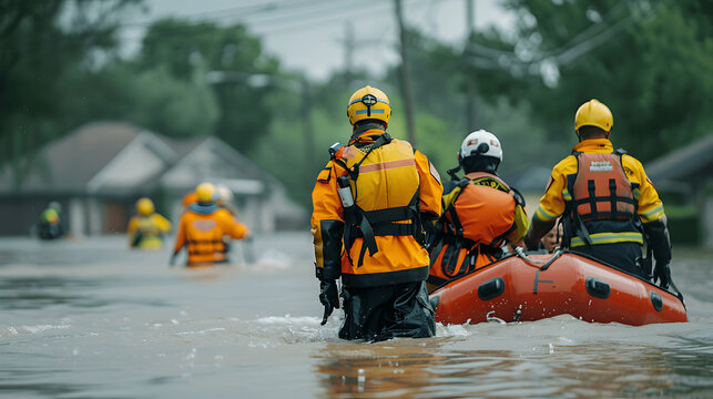 Rescue team aiding flood victims with rescue boats