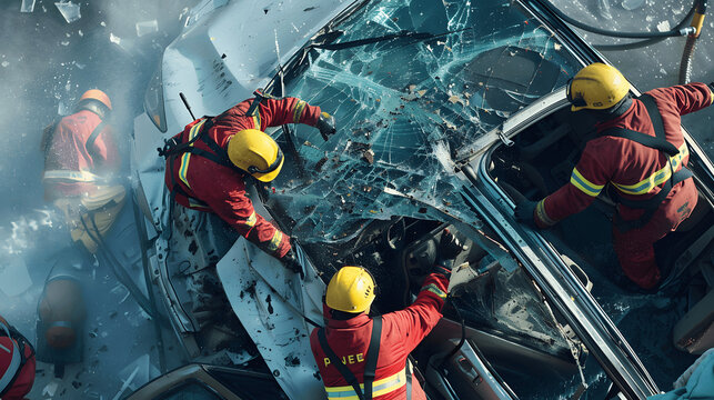 Rescue team extracting individuals from car accident