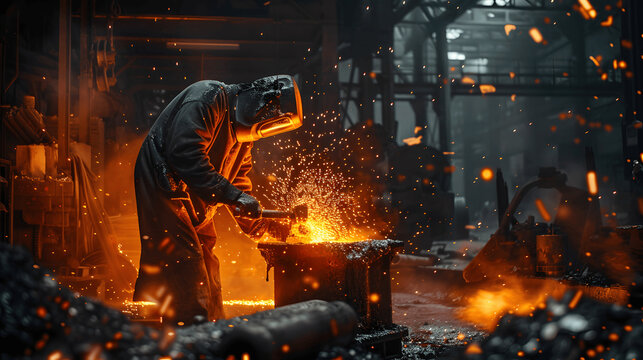 Steelworker handling molten metal in foundry with fiery glow